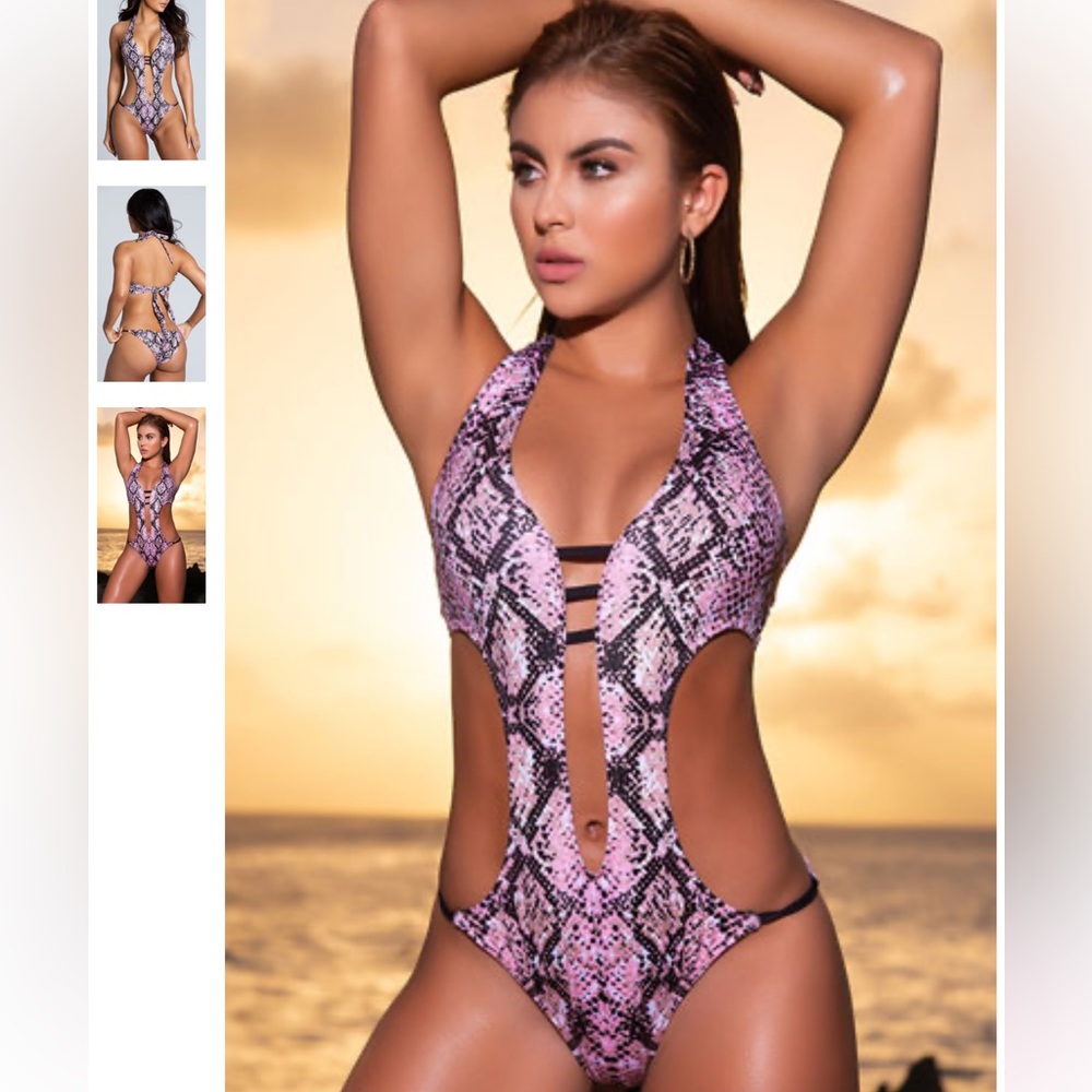YANDY Slither & Slay One Piece Scrunch Butt Monokini Pink Blk NWT Sold out